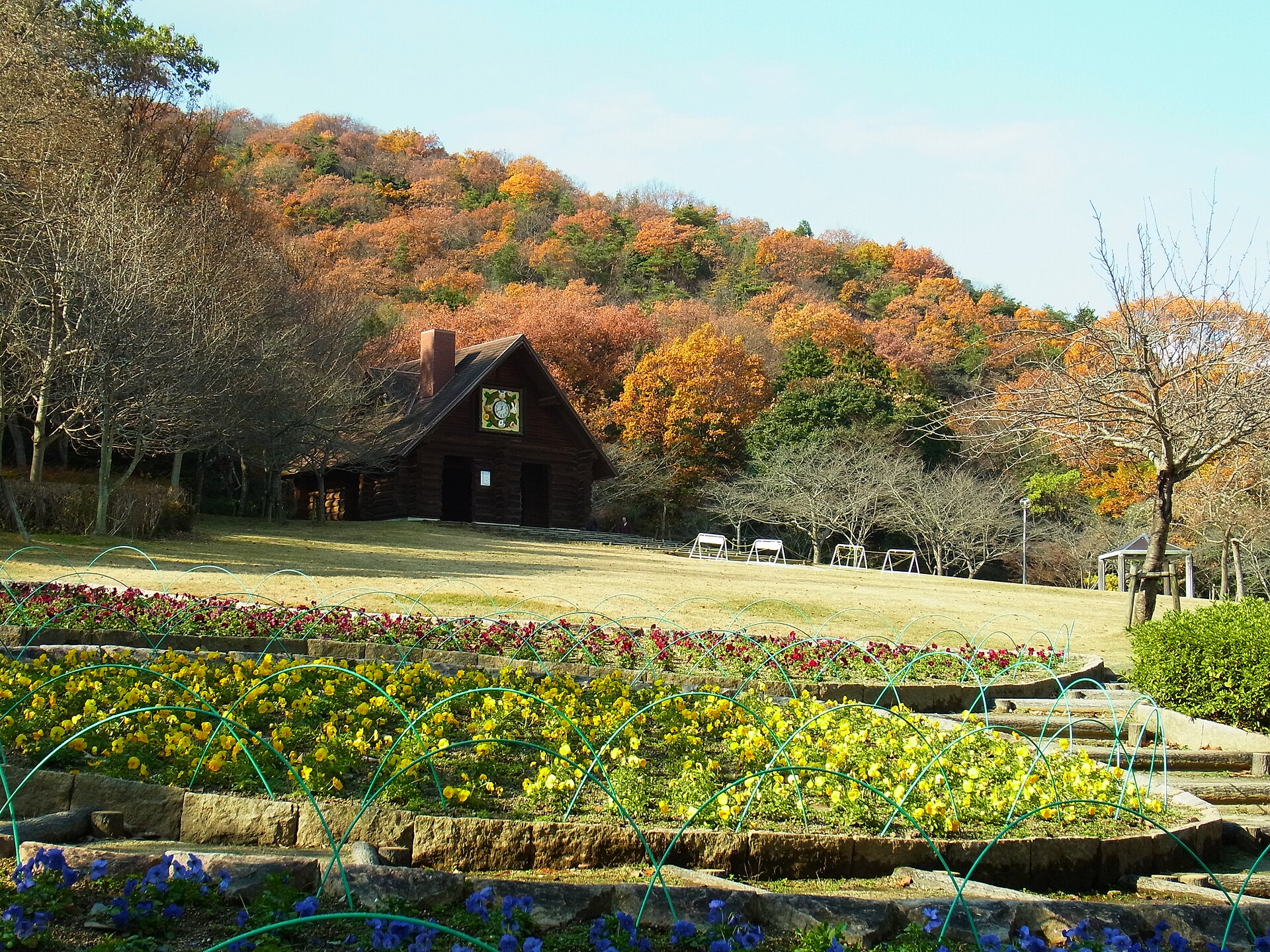 紅葉した山と花壇、時計のある丸太小屋